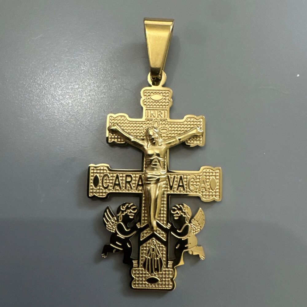 Gold Stainless Steel Caravaca Cross Pendant Crucifix 24” Necklace Jesus Angels